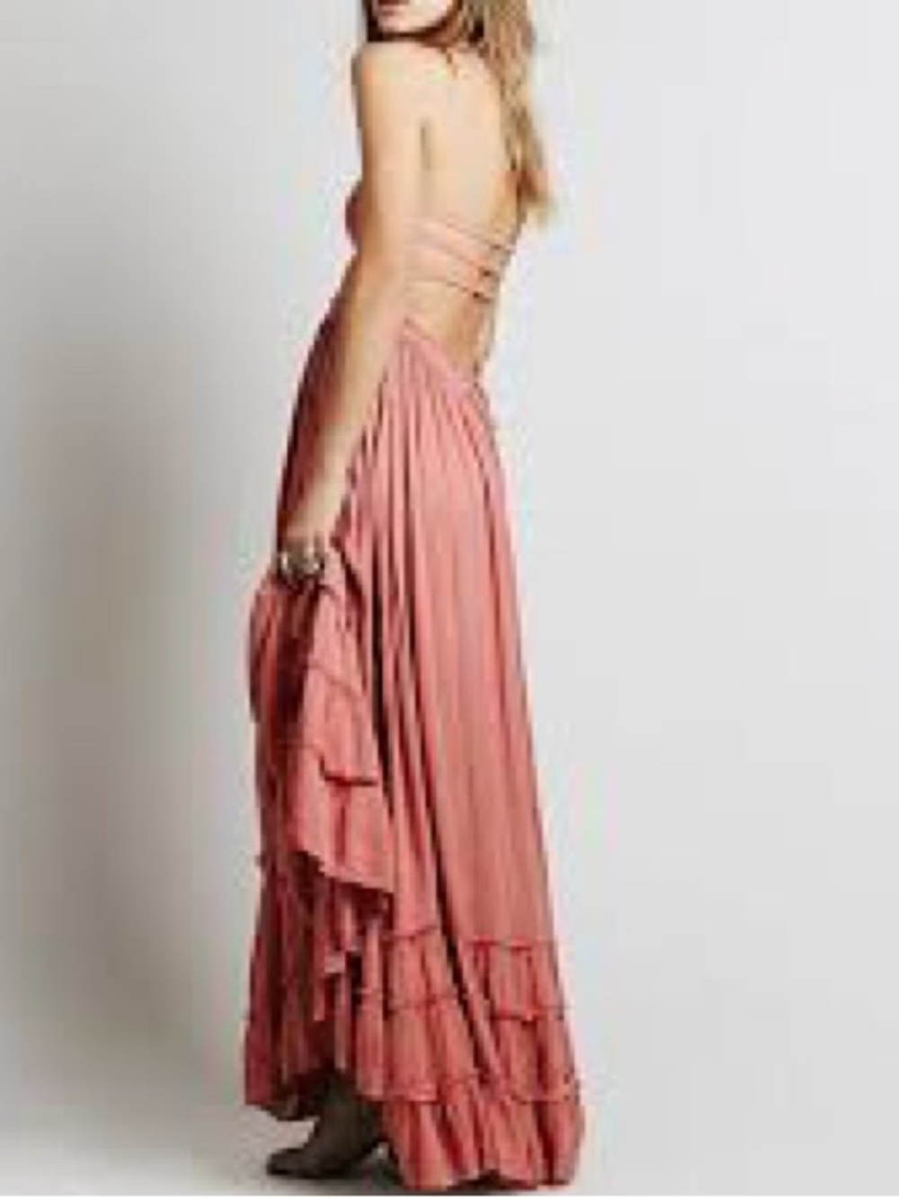 Strapless Ruffled High-Low Maxi Dress — Dusty Rose - Picture 2 of 7